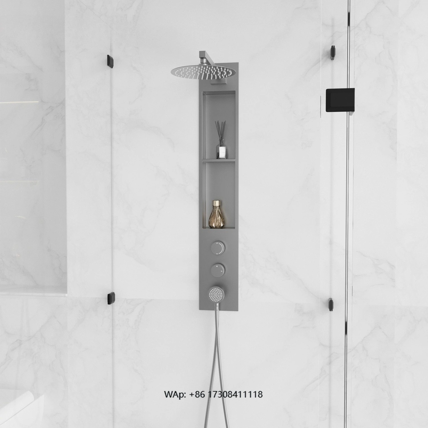 

Современная интегрированная душевая колонна с местом для хранения, балансировочным клапаном, тропическим душем и ручным душем для коммерческих проектов.