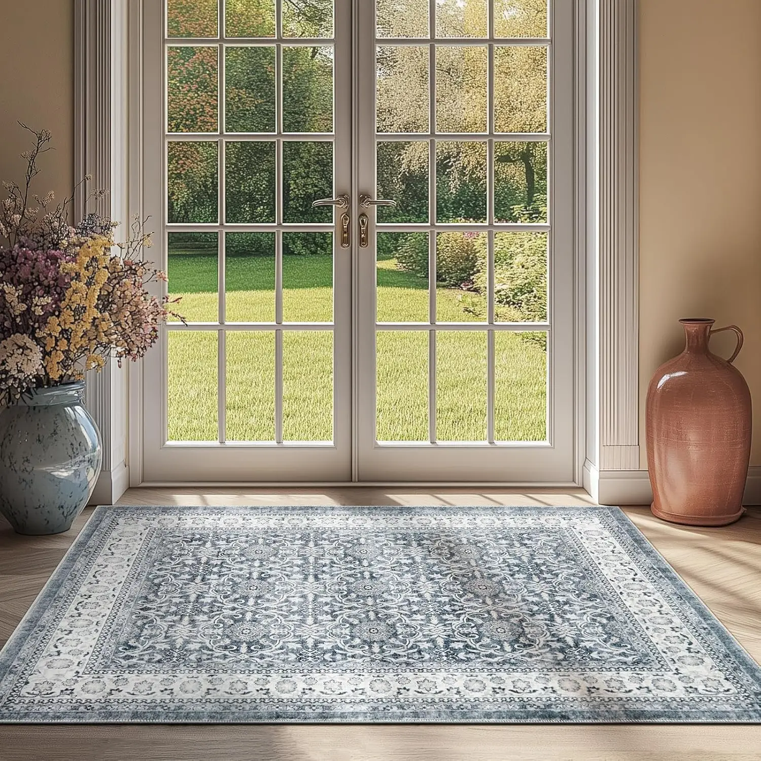 

Floral 3X5 Area Rugs For Entryway - Taupe Vintage Distressed Design Doormat Non-Slip Ultra-Thin Low Pile Boho Rug For Kitchen