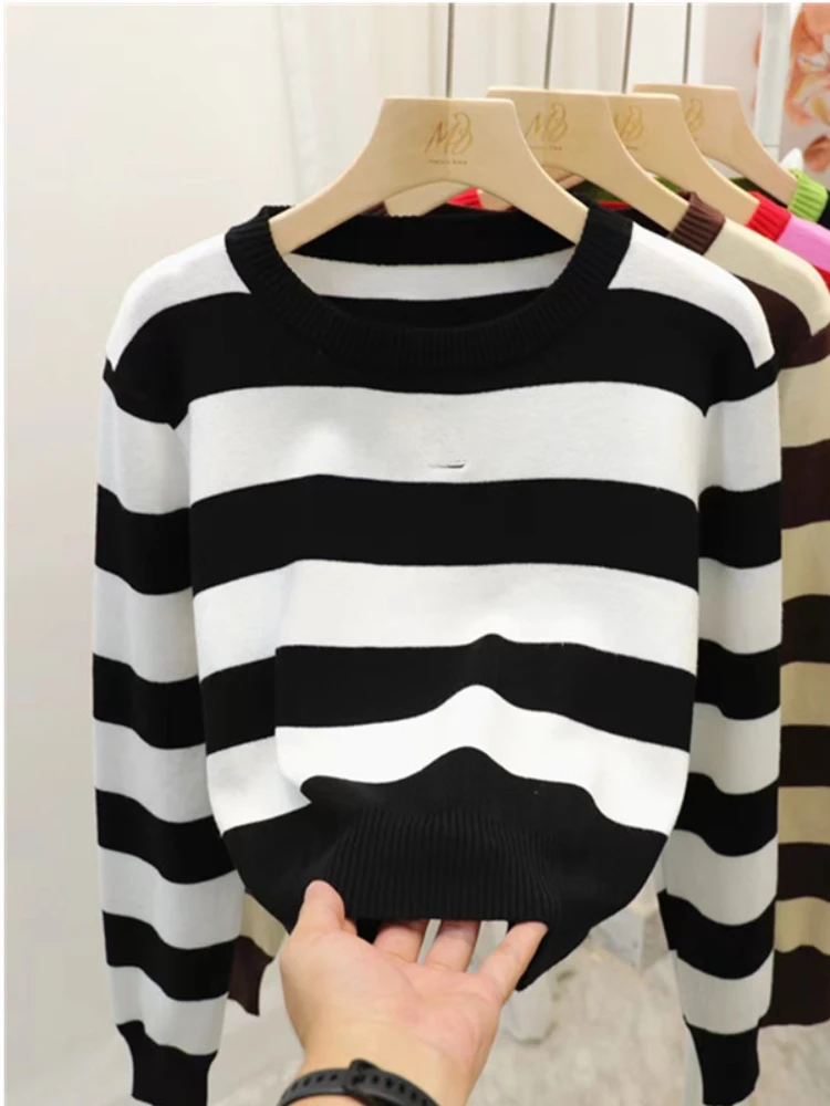 OCEANLOVE Y2k Clothes Sweaters Women Tops Embroidered Letters Autumn Winter Short Pullovers Striped Contrast Color Pull Femme