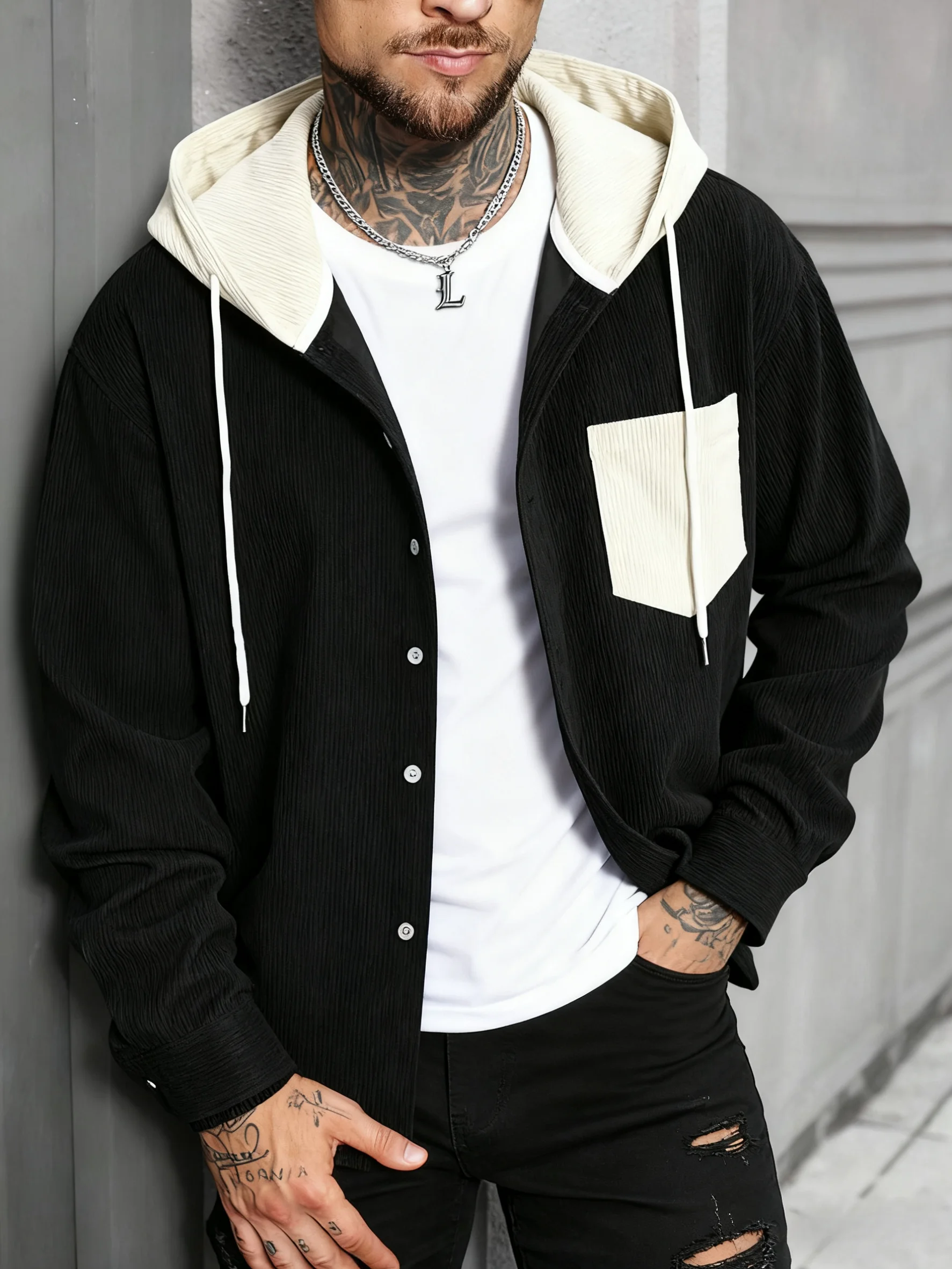 Men's Flannel Hooded Shirt, Spring/Autumn New Style, Colorblocked Pocket, Loose Fit Casual Outerwear, Trendy Retro Cardigan Top