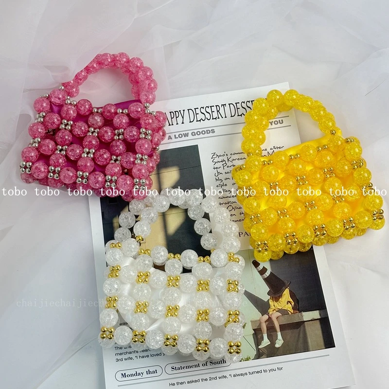 New Ladies Solid Summer Hollow Out Beach Mini Purses Homemade Explosive Pattern Round Beaded Woven Small Square Handbags