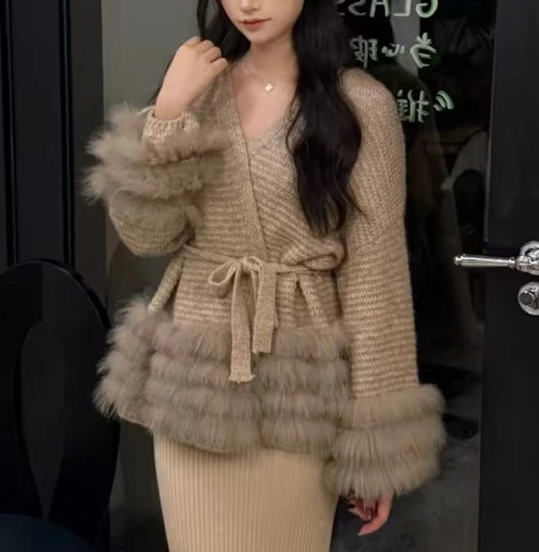 

Womens Knitted Cardigan With Belt Long Sleeves Plush Spliced Comfortable Knit Cardigan