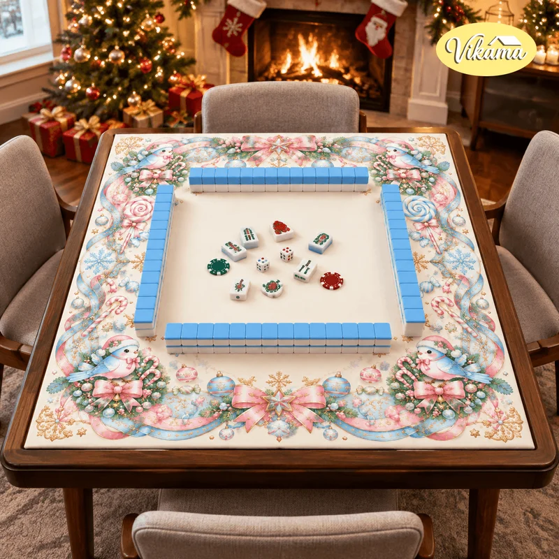 VIKAMA Christmas Floral Bird Mahjong Table Mat Non Slip Waterproof Game Mat for Living Room Family Game Night Cozy Holiday Decor