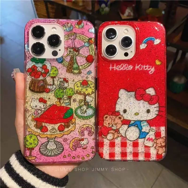 Glitter Bling Color Shockproof Phone Shell For iPhone 16 15 14 Pro Max Sanrio Hello Kitty Case Silicone Soft Acrylic Back Cover