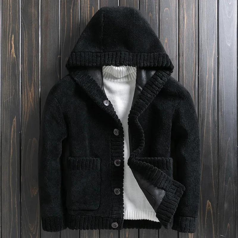 Cappotto in Shearling di pecora giacca da uomo in lana naturale con cappuccio corto particelle di pelliccia cappotti e giacche reversibili autunno inverno nuovo FCY5691