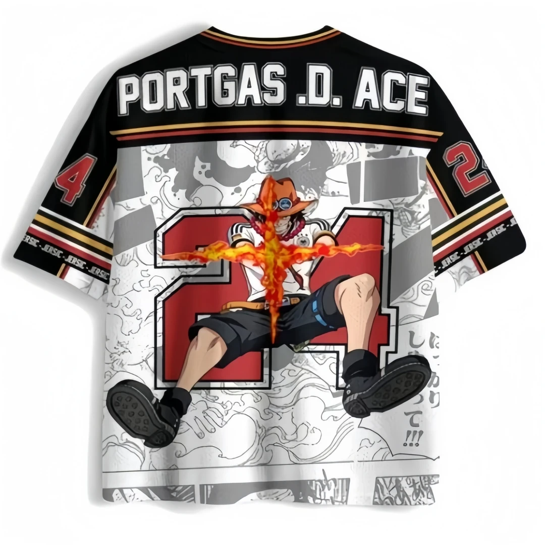 One Piece Ace Black Red Flame Power V-neck Breathable Mesh Manga Background Number 24 Sports and Leisure Loose T-shirt