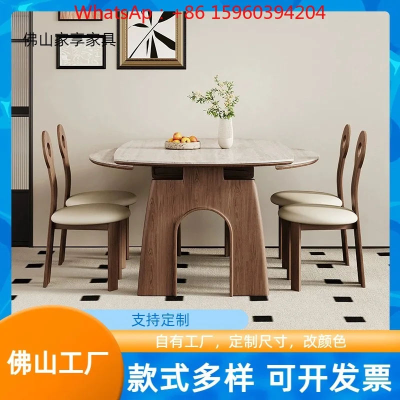 Medieval solid wood rock slab retractable dining table  chairs French travertine rock slab folding  combination retro rock slab