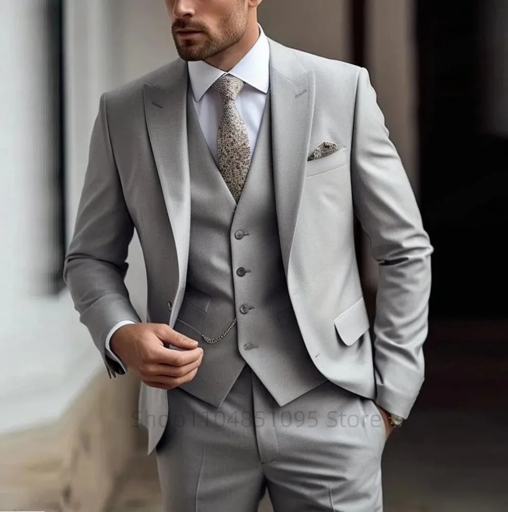 

Элегантный серый мужской костюм Slim Fit, модный свадебный смокинг, комплект из трех предметов, пиджак с двумя пуговицами, жилет, брюки для вечеринки, костюм Homme