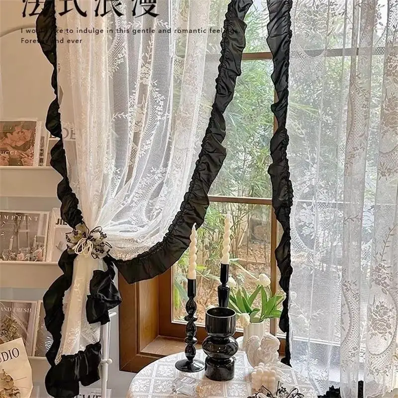Lotus Leaf American Black French Curtains Princess Retro Living Room Forest Girl Bedroom Bay Window Balcony Door Curtain