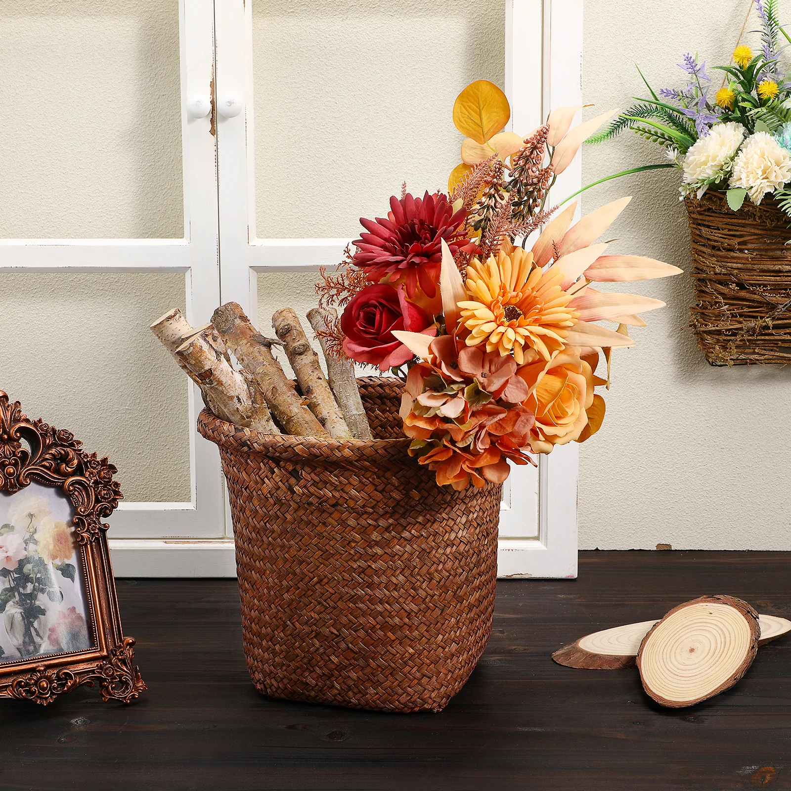 

1pc Straw Woven Wastebasket Natural Vintage Design Smooth Edges For Home Office Bathroom Bedroom Countertop Desktop Storage