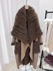 Winter Natural Real Fox Fur Collar Long Coat Cashmere Wool Woolen Fur Strip Sewed Toghter Jacket Outwear Ladies Female Fur Coat