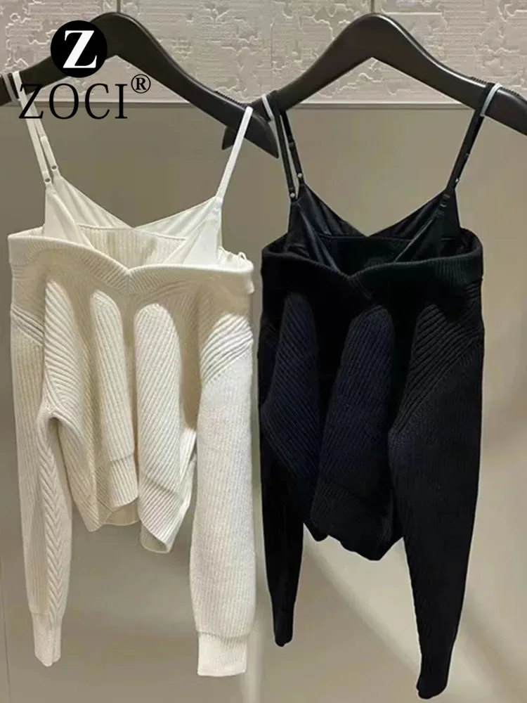 [zoci] Wang Dawang Autumn Winter Vacation Two Pieces Sexy V-neck Strap Knitted Shirt High Quality Off Shoulder Slim Fit