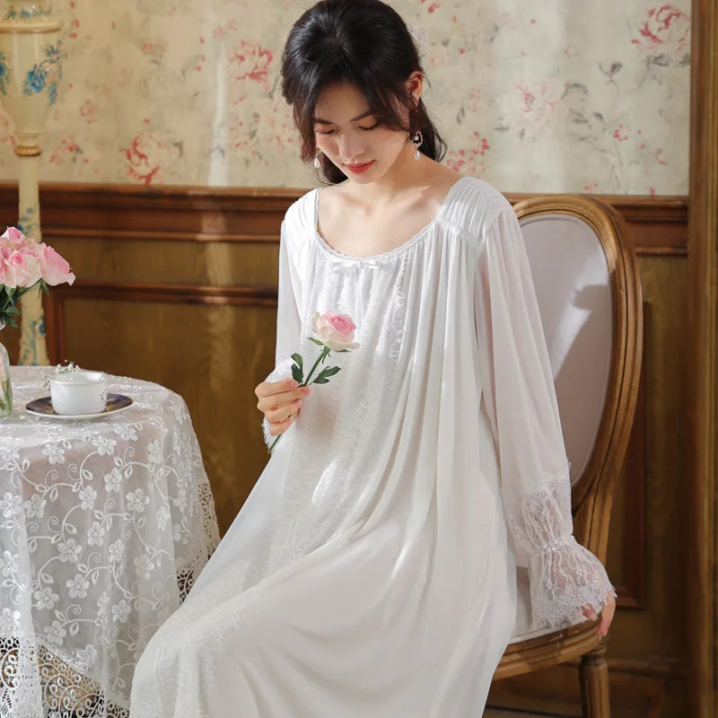 Good Quality Mesh Loose Night Dress Women Fairy White Black Lace Peignoir Robe Long Sleeve Nightgown Princess Sleepwear Homewear