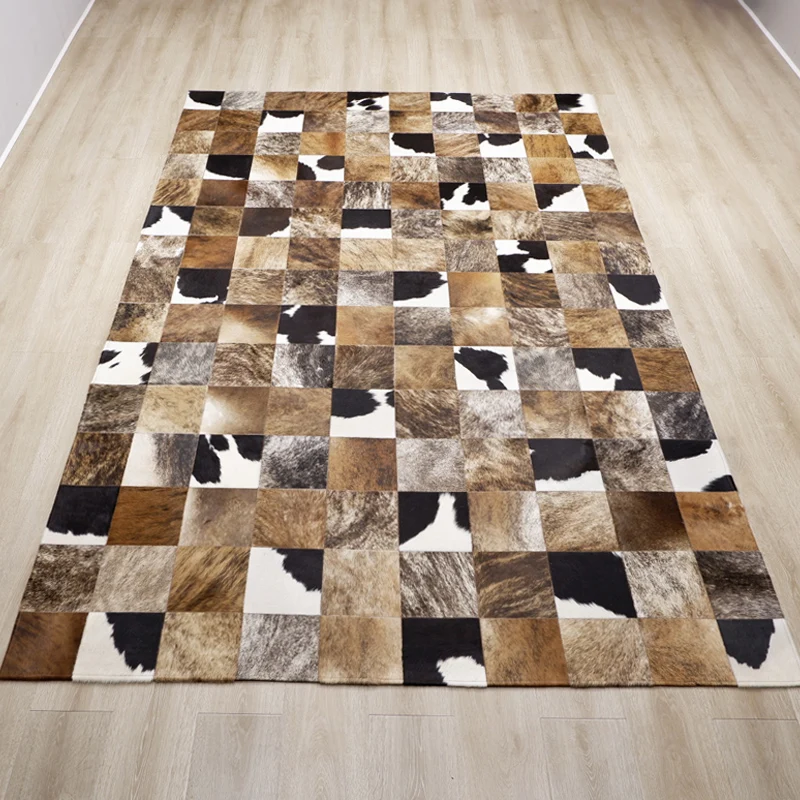 Brown Real Cowhide Living Room Decorative Genuine Cow Skin Leather Carpet Simple Plaid Handmade Bedroom Mat Room Non-slip Rug