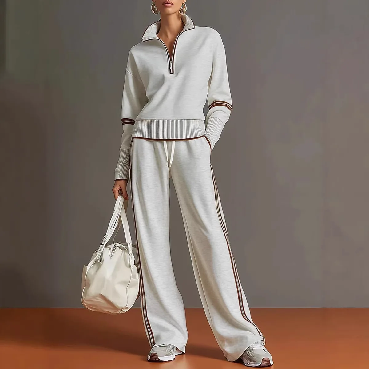 Casual Striped Hoodie Sports Outfits Women New Color Blocking Wide Leg Pants Two Piece Sets Autumn Winter Loose Pants Suit
