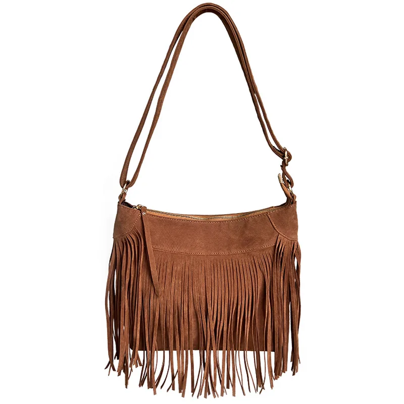 

American style tassel bag 2025 new imitation suede retro saddle bag fashionable spicy girl single shoulder crossbody bag