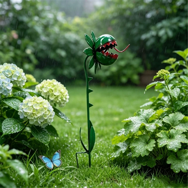 Iron Carnivorous Flower Garden Ornament Stake with Multilayer Color Coating and Twin Pin Soil Base for Direct Placement KXRE