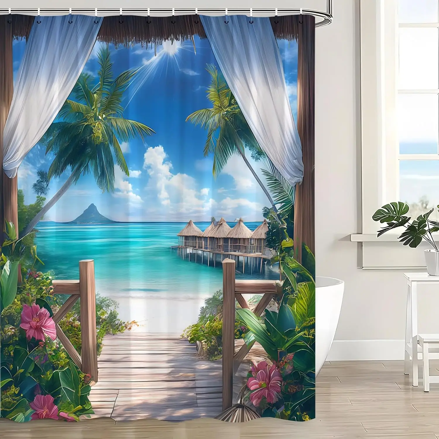 Ocean Beach Scenery Shower Curtain, Tropical Palm Sunset Hawaii Scene, Coastal Seascape with Hooks
