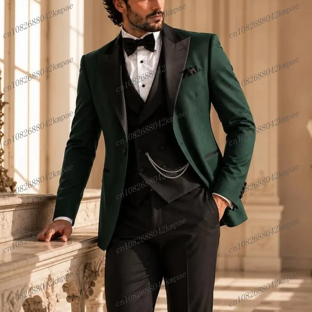 

Dark Green And Black Men Suit Formal Groom Groomsman Wedding Party Prom Business Male Tuxedos 3 Piece Set Blazer Vest Pants