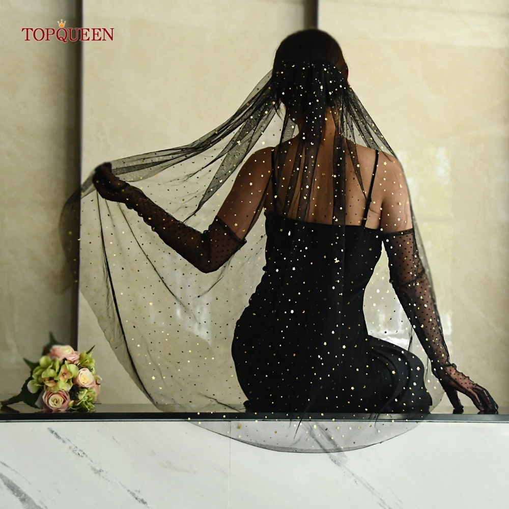 

TOPQUEEN Sexy Black Veil Shining Star Moon Bronzing Glitter Single Layer Short Veil Bridal Wedding Halloween Accessories V209