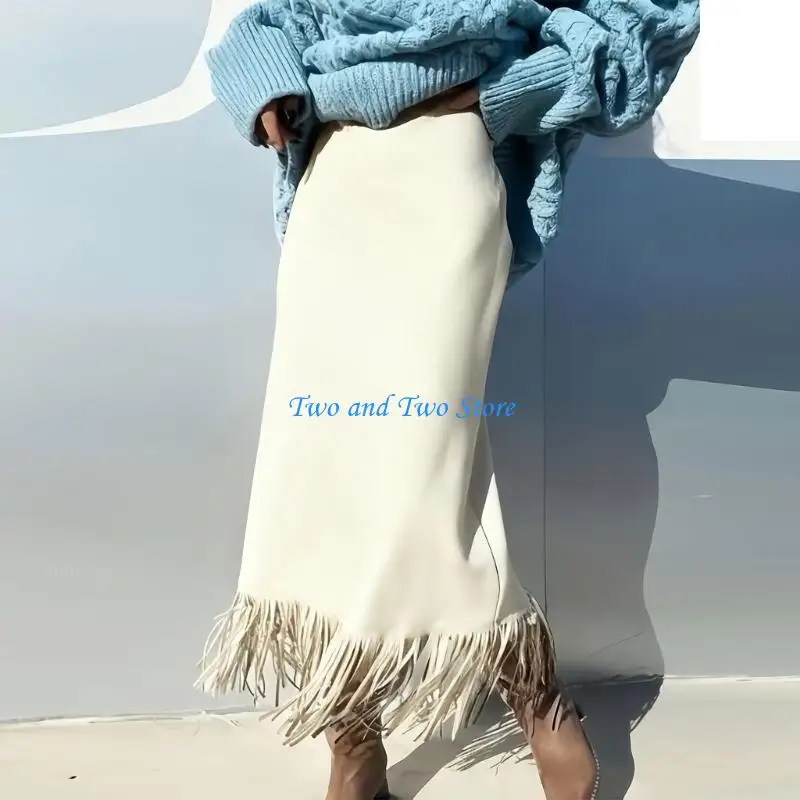 HX6F Graceful Fringe Trim Straight Cut Skirt Belows Knee Length High Waist Comfortable Fit