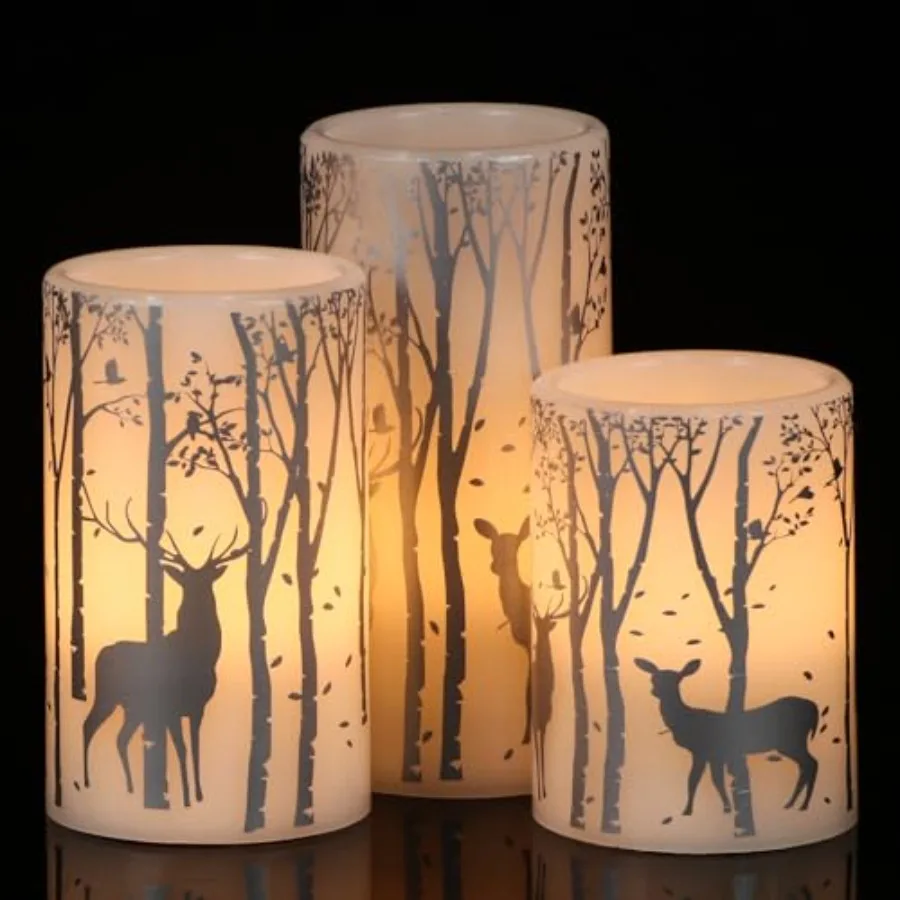 

Flameless Candles with Timer Christmas LED Flickering Candles Real Wax with Silver Deer Decals 3 Pack Pillar Fake Candle for Wi
