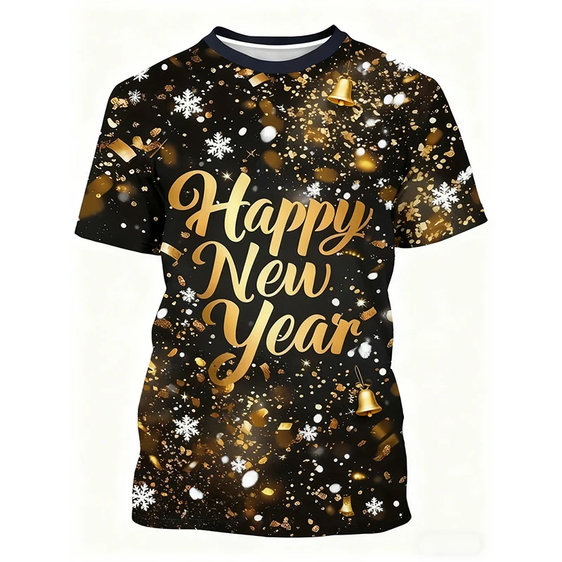 

2026 New 3D Print Red Short Sleeve T-shirt Happy New Year T Shirt For Men Women Family Party Tee Casual Top Trend Unisex Clothes