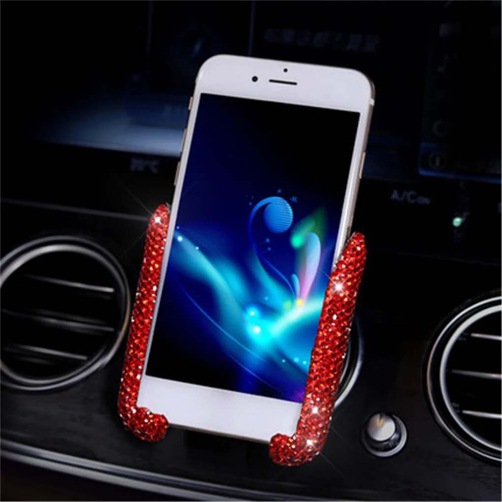 Car Phone Holder Vehicle-mounted Rhinestones Clip Stand Universal Smartphone Self-adhesive Support Interior Pink