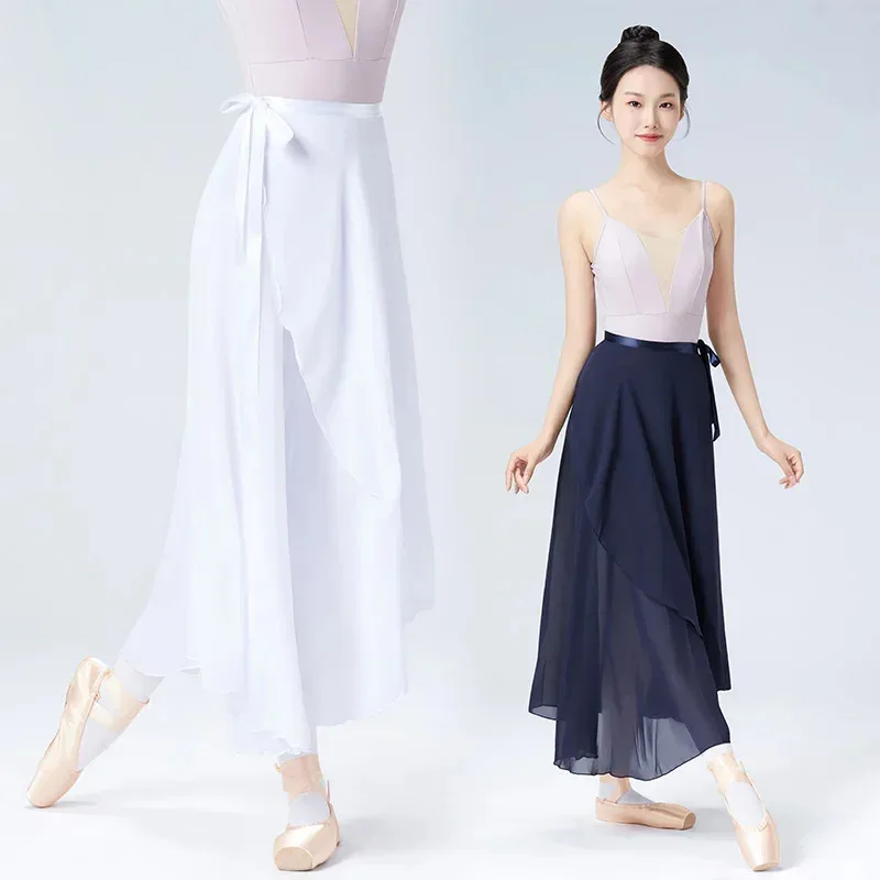 CyWomen Langer Chiffon-Ballettrock, schwarze Tanz-Wickelröcke mit verstellbarer Krawatte, halbtransparent