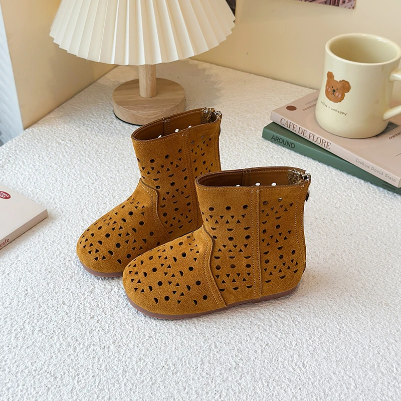 Girls Vintage Hollow Short Boots, Perforated Upper, Rear Zip Closure, Anti Slip Sole, Comfort Boots for Daily Outfit Matching