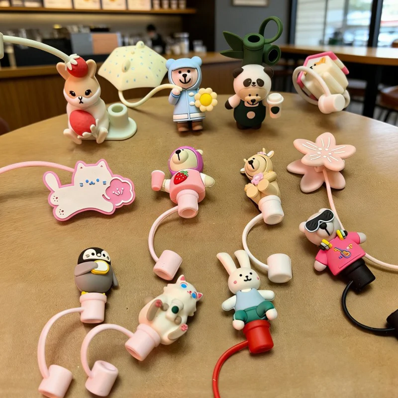 Cute Bear Straw Stopper Tumbler Accessories Silicone Cute Straw Cover Charm Decoration Cover Cap For 8mm Straws 1 PC