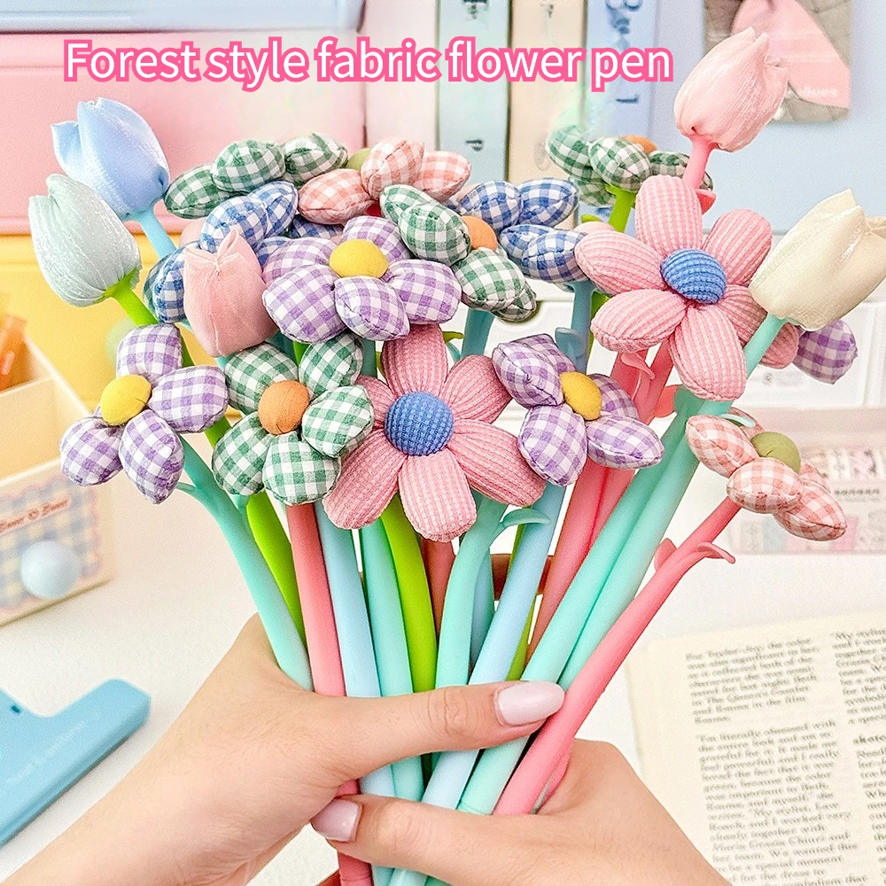 20Pcs/Lot Cute Fabric Flower Gel Pen Creative Tulip 0.5mm Black Ink Neutral Pen Learning Stationery Gift Student Signature Pen