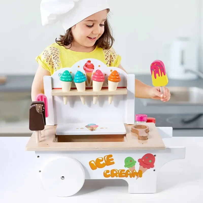 Educational Toddler Wood Toy Set Ice Cream Cart Magnet Color Shopping Pretend Kitchen Play Sort Stacking Trolley Game Gift Kid