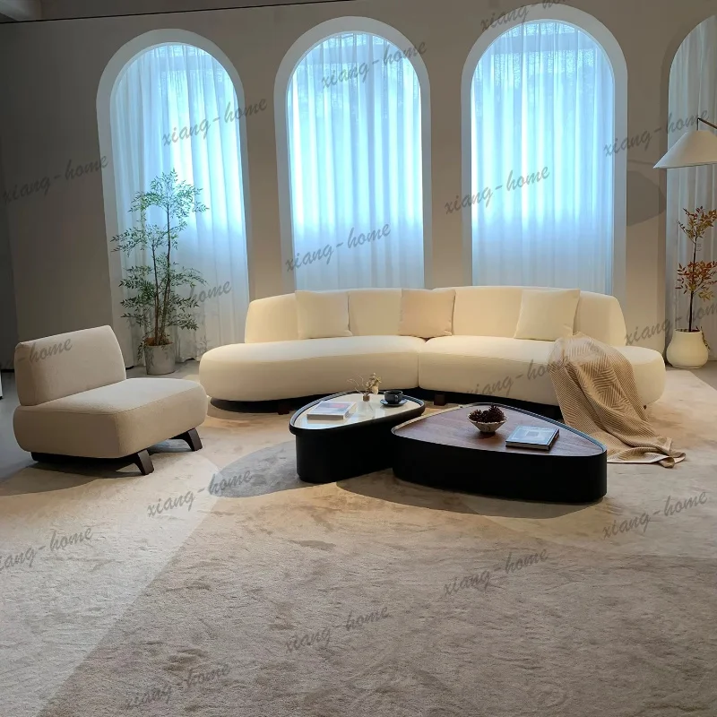Cream Boucle Curved Sectional Sofa Wooden Plinth Base Chaise Pillow Backrest Deep Seat For Living Room Villa Bedroom Home Decor