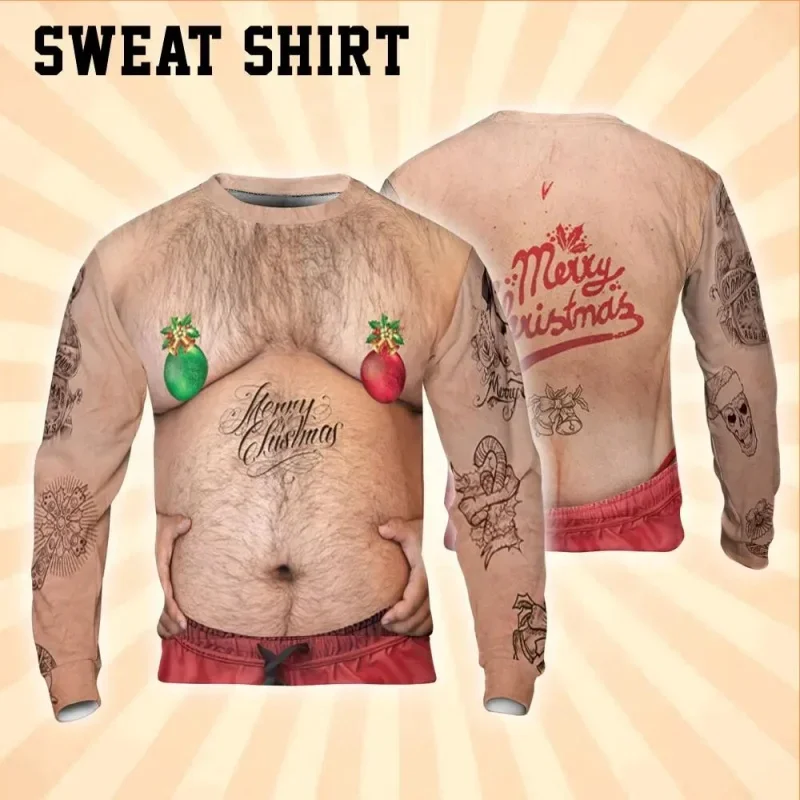 Mens Christmas Sweatshirt Ugly Xmas Crewneck Funny Fake Muscle Bikini Print Pullover Casual Holiday Jumper Novelty Party Gift