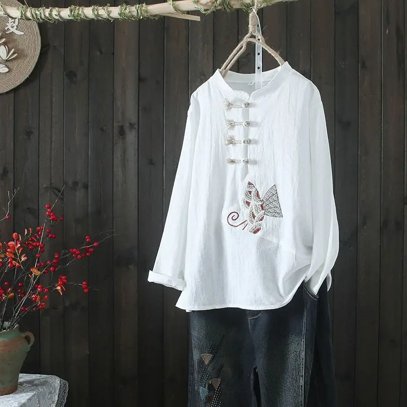 Women Chinese Ethnic Style Vintage Button Blouses Chic Embroidery Stand Collar Shirts Female Cotton Linen Long Sleeve Loose Tops