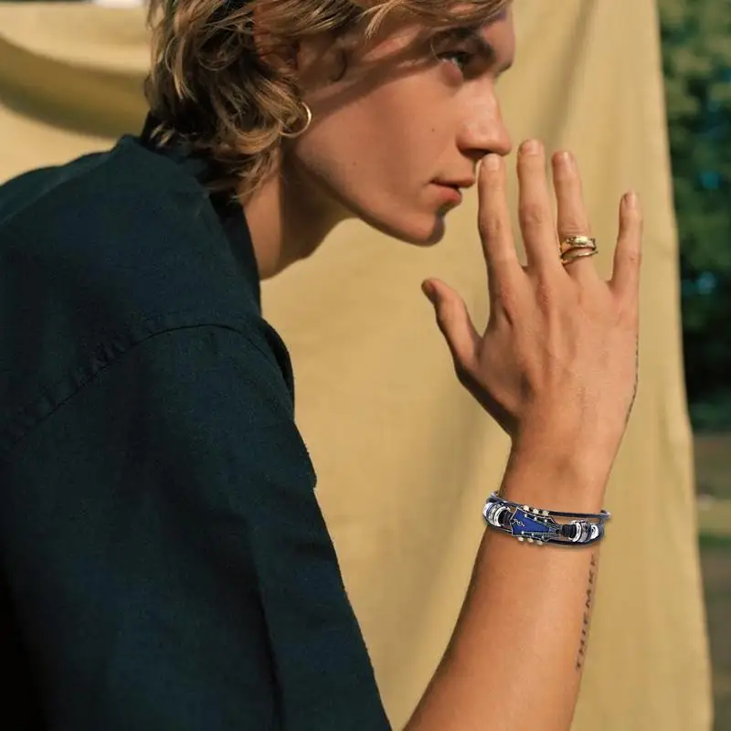 مضفر الغيتار سوار سبائك الزنك قابل للتعديل مشبك دليل المنسوجة فو الجلود 3-layered ريترو الشرير المعصم مجوهرات هدايا #6