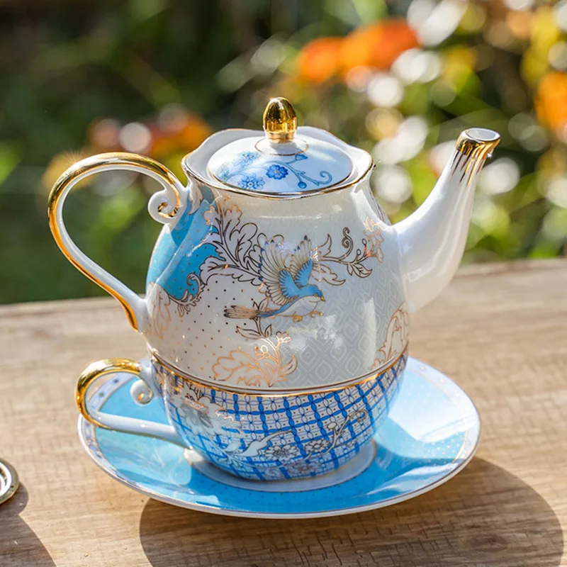 Luxury Bone China Afternoon Tea Set,Nesting Teapot Set,1pot 1Cup 1Saucer,Floral European Gold Decor, Anniversary Holiday Gift