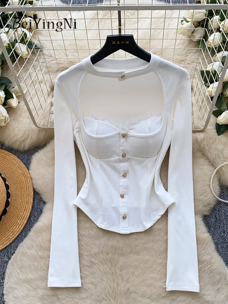 

Beiyingni 2026 Y2K Sexy Women Halter T-shirt Buttons Lace Patchwork Commute Tops Female Solid Color Kpop T-shirts With Chest Pad