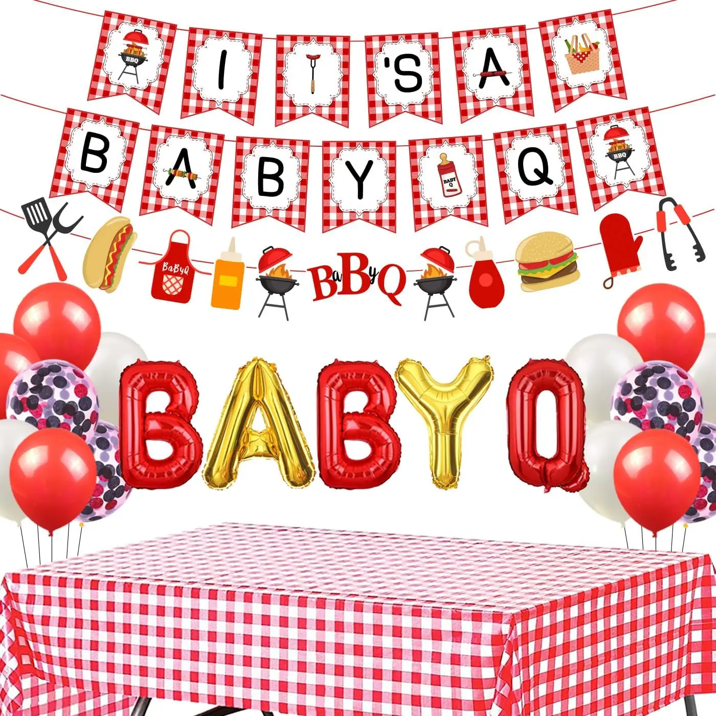 

Joymemo BBQ Baby Shower Decorations Gender Reveal It’s A Baby Q Banner Red Checked Tablecloth for Picnic Party Supplies