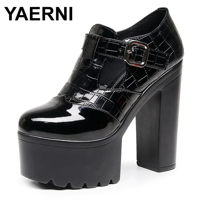 

Patent Leather Waterproof Platform Shoes Chunky Heels 14CM Spring Single Shoes Buckle Women's Pumps Size 32-43 High Heels