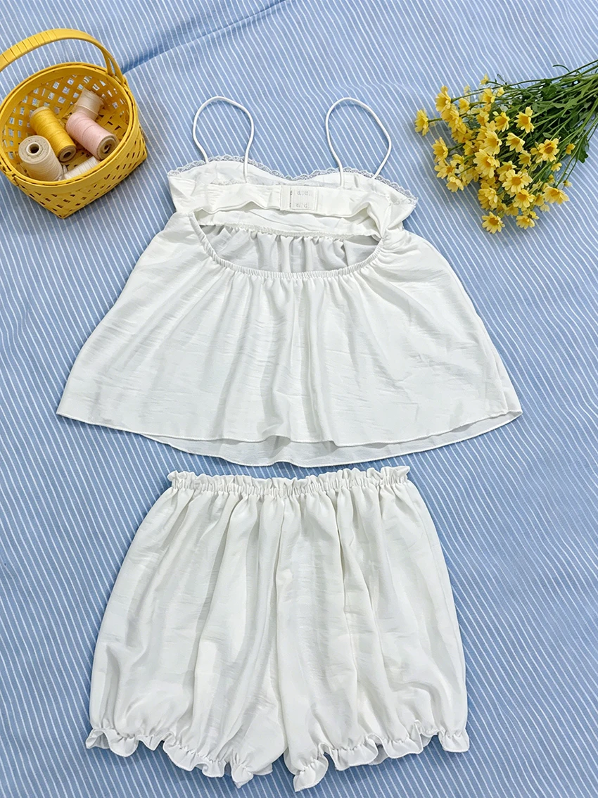Hot Ladies Cottagecore White Lace Sleepwear Set Y2K Babydoll Cami Top & Elastic Ruffled Bloomers Fashion Casual Girl Home Outfit