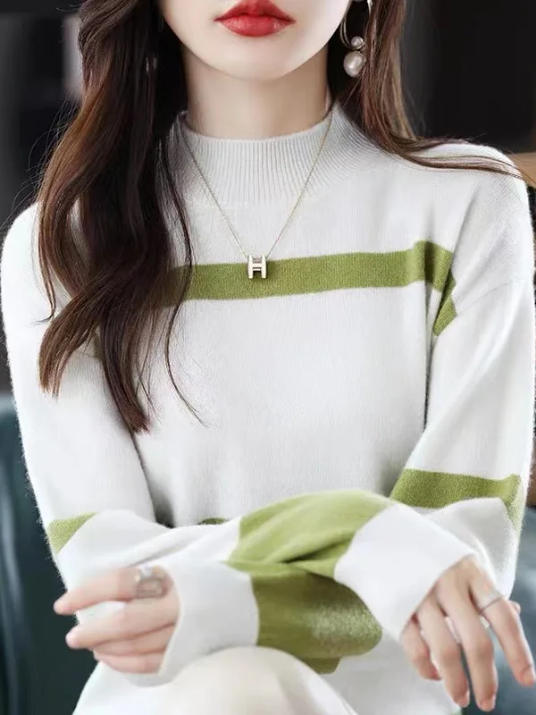 여성용 루즈핏 울 베이스 셔츠 니트 스웨터 가을 겨울 블랙 화이트 스트라이프 루즈핏 울 탑 편안한 긴팔