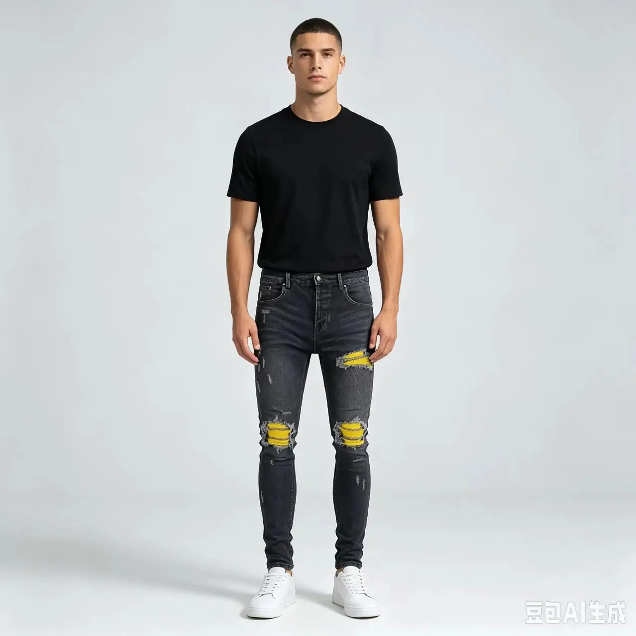Deep Blue Slim Fit Tapered Jeans for Men Y2K Fashionable Elastic Perforated Patches Trendy Casual Trousers
