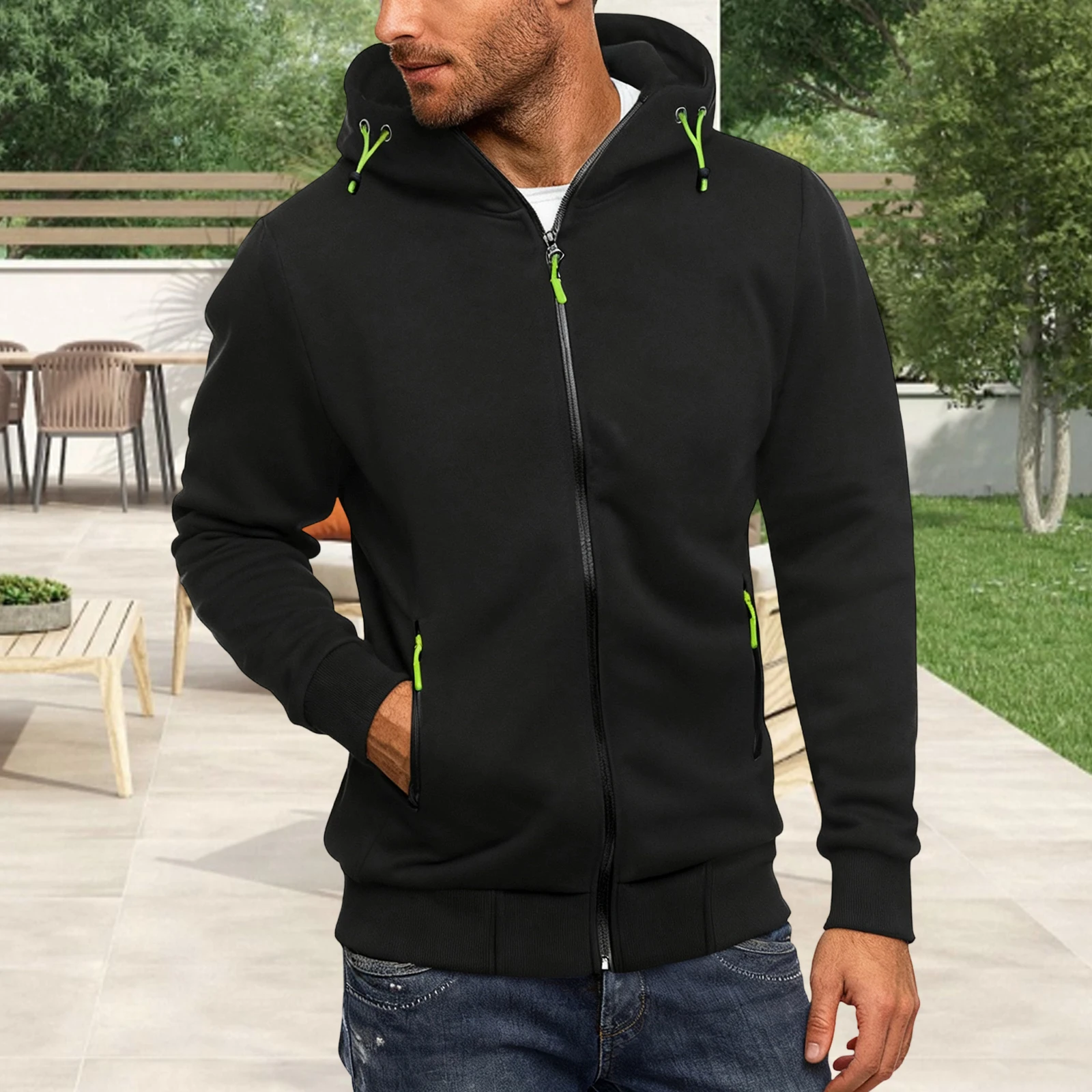 Men Spring Autumn Hooded Tops Long Sleeve Contrast Color Zip Up Hoodie with 2 Pockets