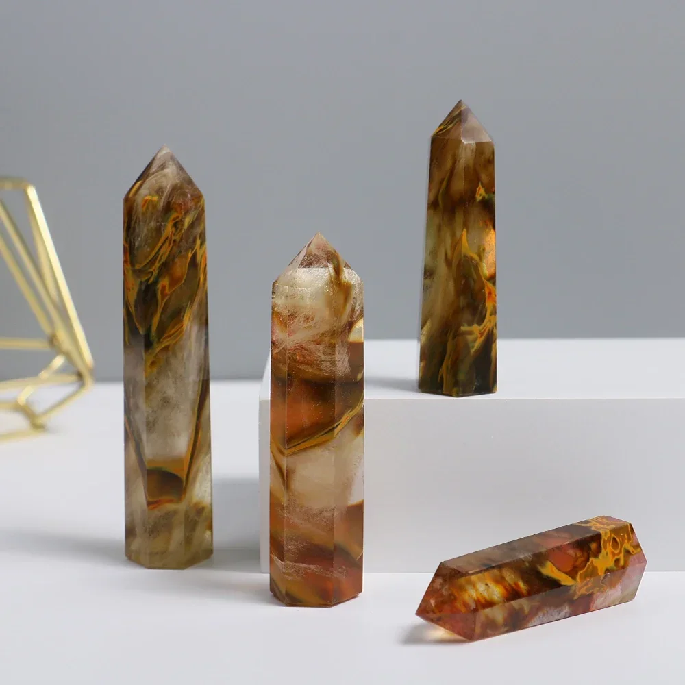 

Mineraali 4-10cm Synthetic Tiger Skin Fused Stone Tower Egg Yolk Smelting Hexagonal Point Quartz Crystal Column Healing Ornament