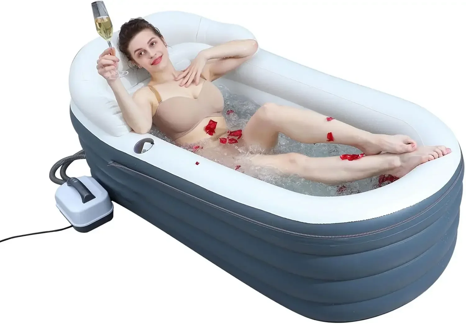 Inflatable Bathtub Bubble Massage Mat Portable Adult Spa Tub with Air Pump Remote Backrest Lighting