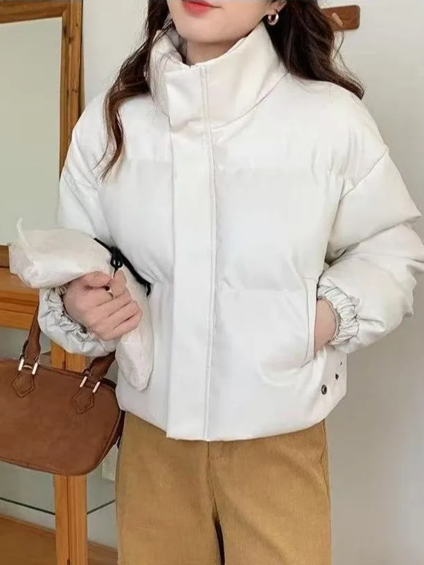 

Retro High-End Sle ort Cotton Jaet Women's Thiened PU Leather Stand Collar Coat Loose Fit Faionable Bread Coat