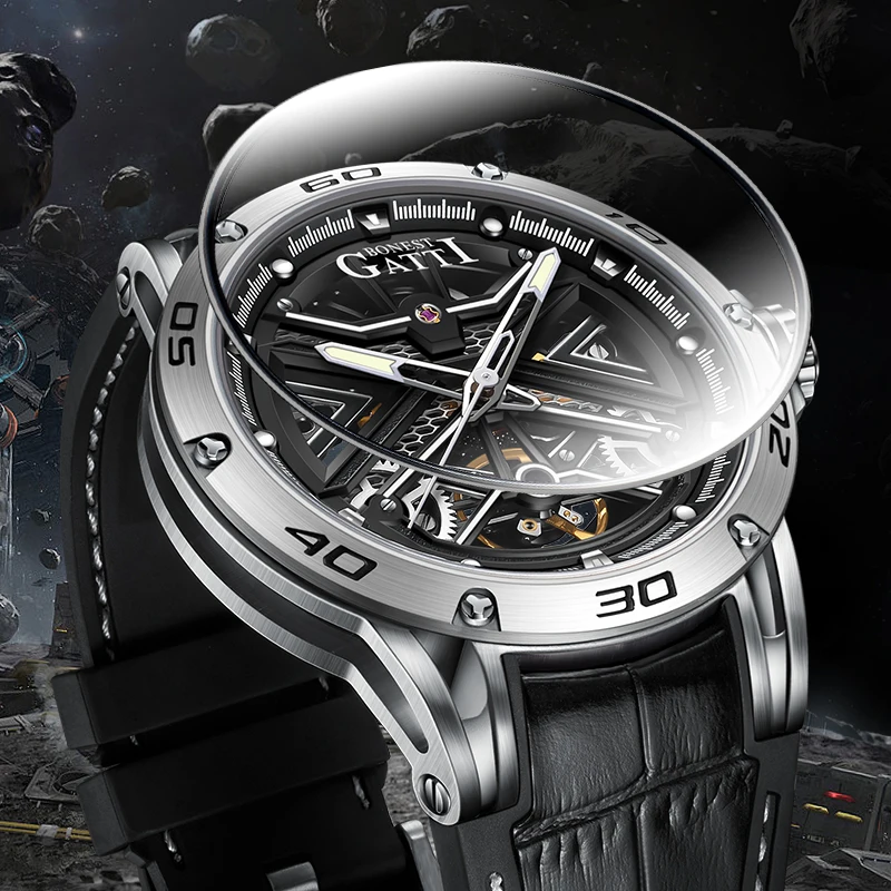 BONEST GATTI Men's Watch 45mm Globe Pattern Round Dial Automatic Mechanical Movement Skeleton Business Sports Wristwatch BG4601