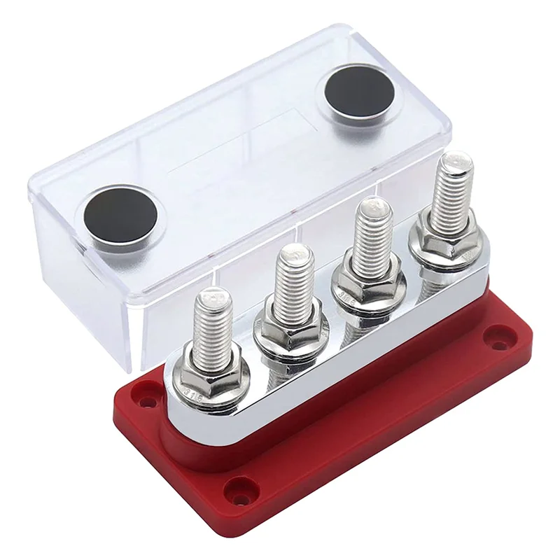 600A Bus Bar 4-Stud (3/8 Inch) M10 High Current Copper Busbar Terminal Block Marine DC 12V 24V 48V with Cover(Red)